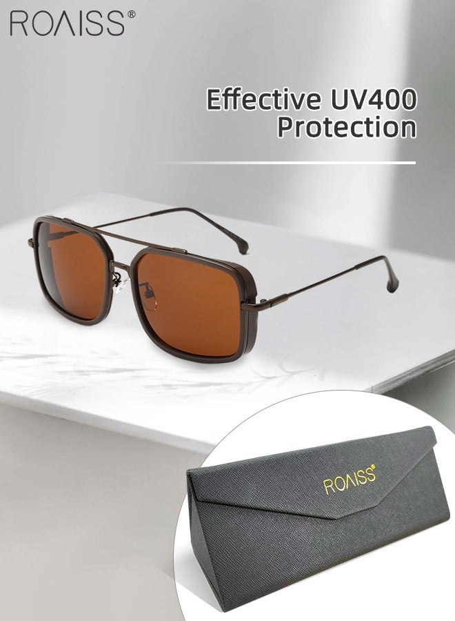 Men's Square Sunglasses UV400 Protection Sun Glasses with Alloy Frame Fashion Anti-Glare Sun Shades for Men Driving Fishing Traveling Brown Lens