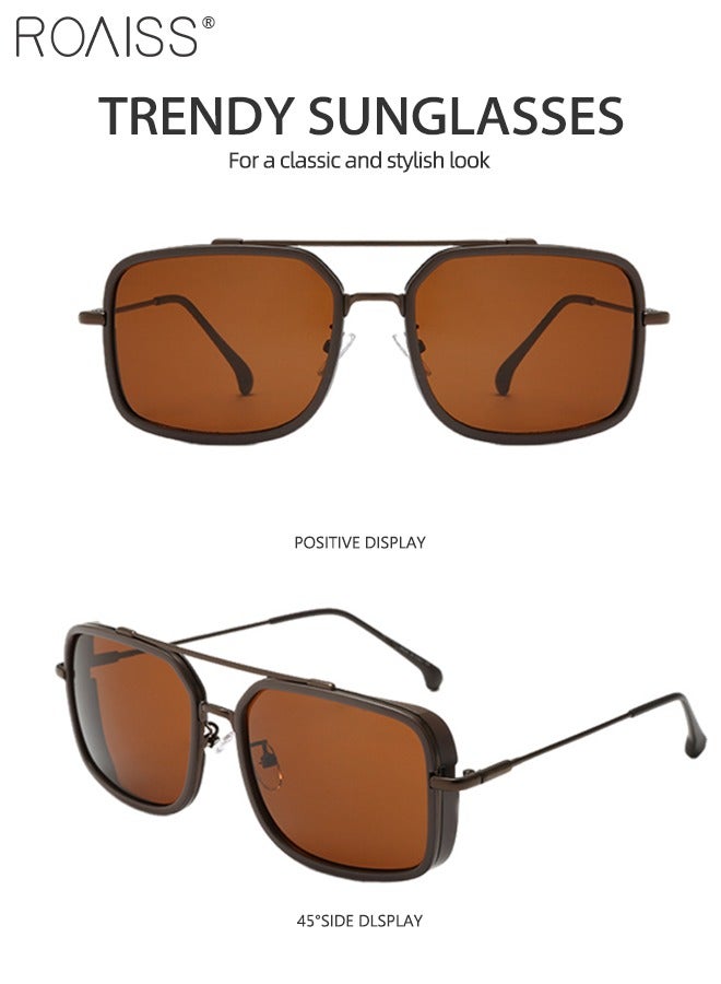 Men's Square Sunglasses UV400 Protection Sun Glasses with Alloy Frame Fashion Anti-Glare Sun Shades for Men Driving Fishing Traveling Brown Lens