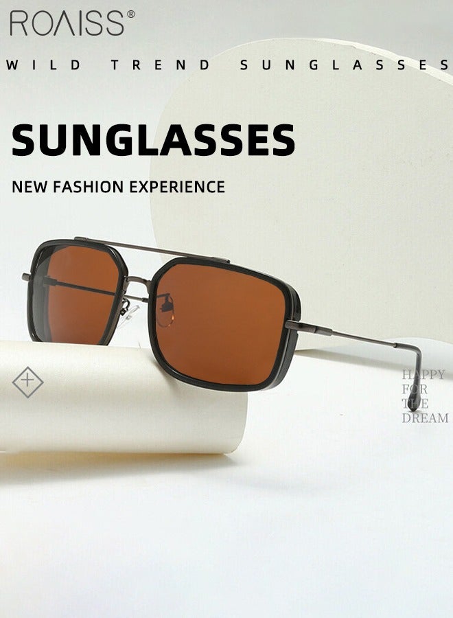 Men's Square Sunglasses UV400 Protection Sun Glasses with Alloy Frame Fashion Anti-Glare Sun Shades for Men Driving Fishing Traveling Brown Lens