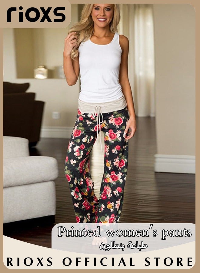 Women Casual Floral Printed Trousers High Waisted Wide Leg Drawstring Pants with Pockets
