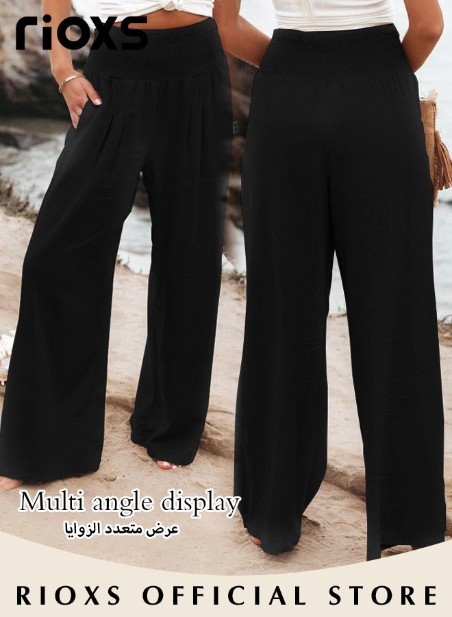 Women Casual Wide Leg Cotton Linen Trouser Comfy Elastic High Waist Pant With Pockets