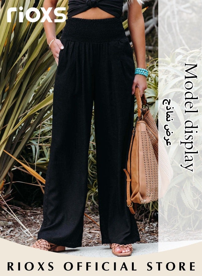 Women Casual Wide Leg Cotton Linen Trouser Comfy Elastic High Waist Pant With Pockets