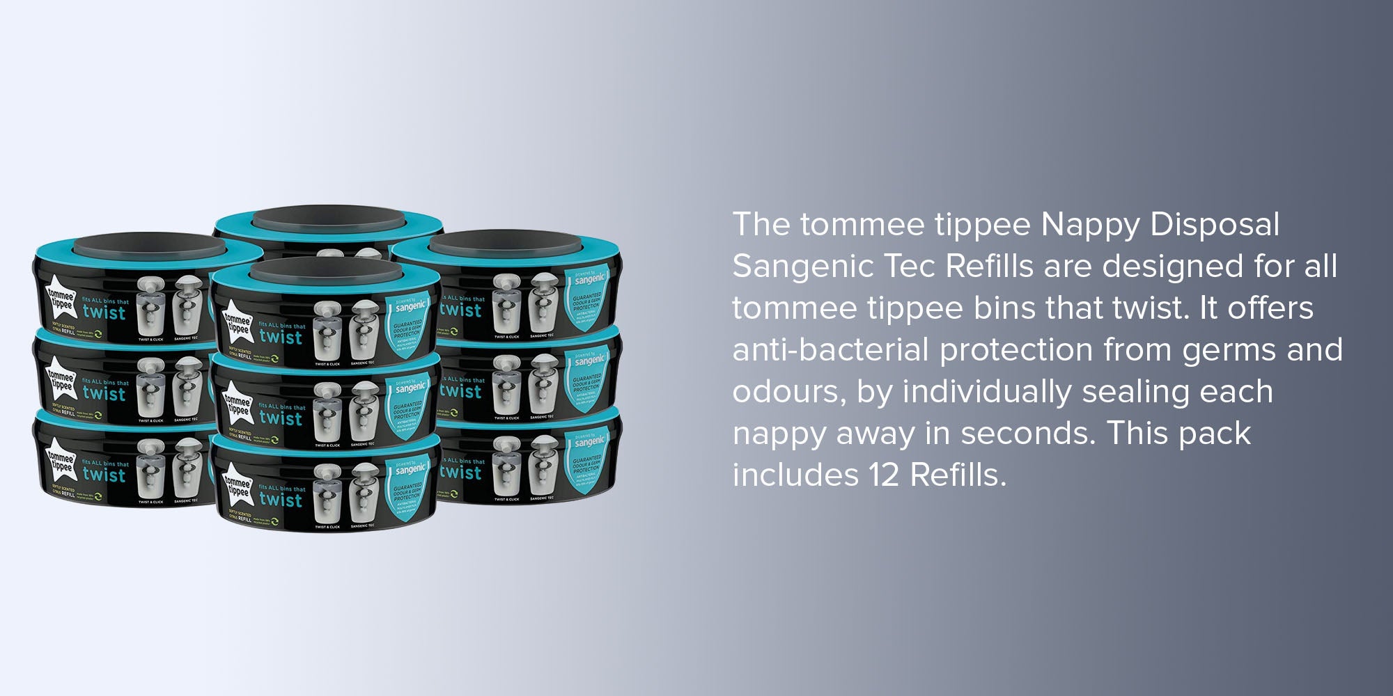 Pack Of 12 Twist And Click Advanced Nappy Bin Refill Cassettes, Sustainably Sourced Antibacterial Greenfilm, Grey