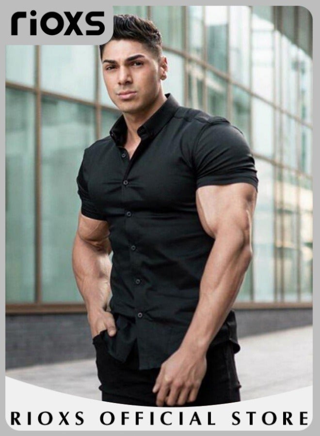 Men's Muscle Fit Dress Shirts,  Slim Fit Short Sleeve Button Down Shirts, Casual Stretch Wrinkle-Free Shirt for Men, Breathable Solid Color Formal Shirt, Suitable for Formal Occasions or Daily Casual, Black