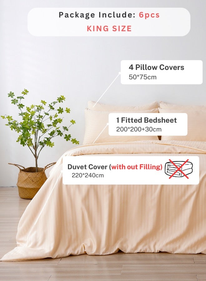 Premium King Size 6Piece Bedding Set Without Filling Cream  Satin Striped Design