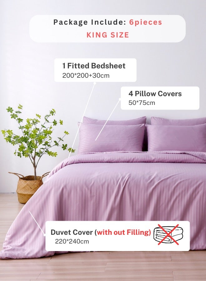 Premium King Size 6Piece Bedding Set Without Filling Violet Satin Stripes Design