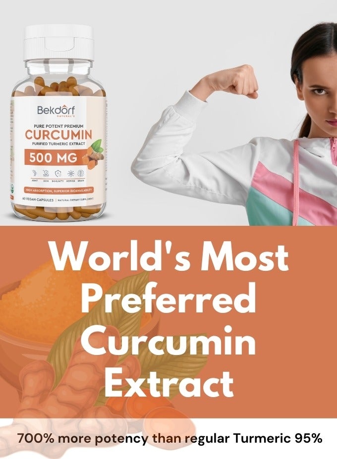 Curcumin- Pure Turmeric Extracts Superior Absorption, Ultra Premium Quality with 95% Curcuminoids for Healthy Inflammatory Response, Immunity, Liver & Joint Health - 60 Veg Caps