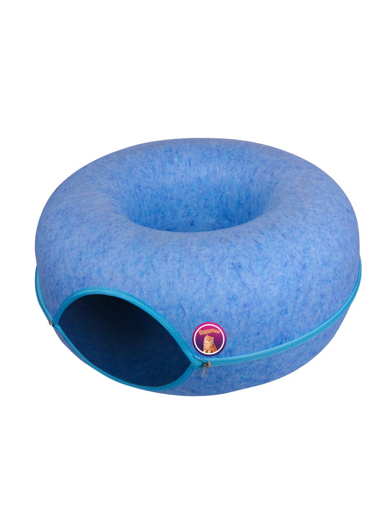 Cat tunnel bed, round cave, donut shape cat house, removable cover with zipper, detachable and washable tunnel cat bed suitable for cats, dogs, and puppies to sleep. Blue color