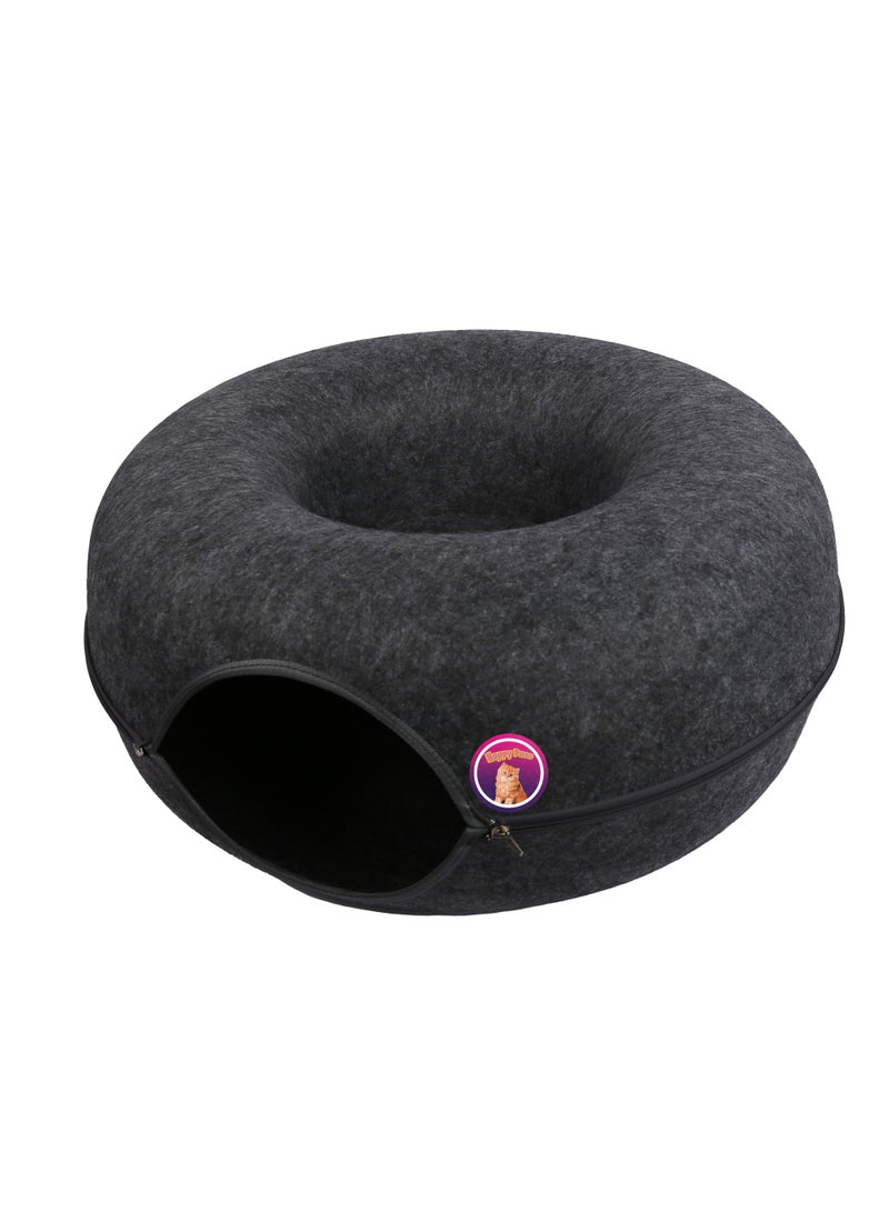 Cat tunnel bed, round cave, donut shape cat house, removable cover with zipper, detachable and washable tunnel cat bed suitable for cats, dogs, and puppies to sleep. Grey color
