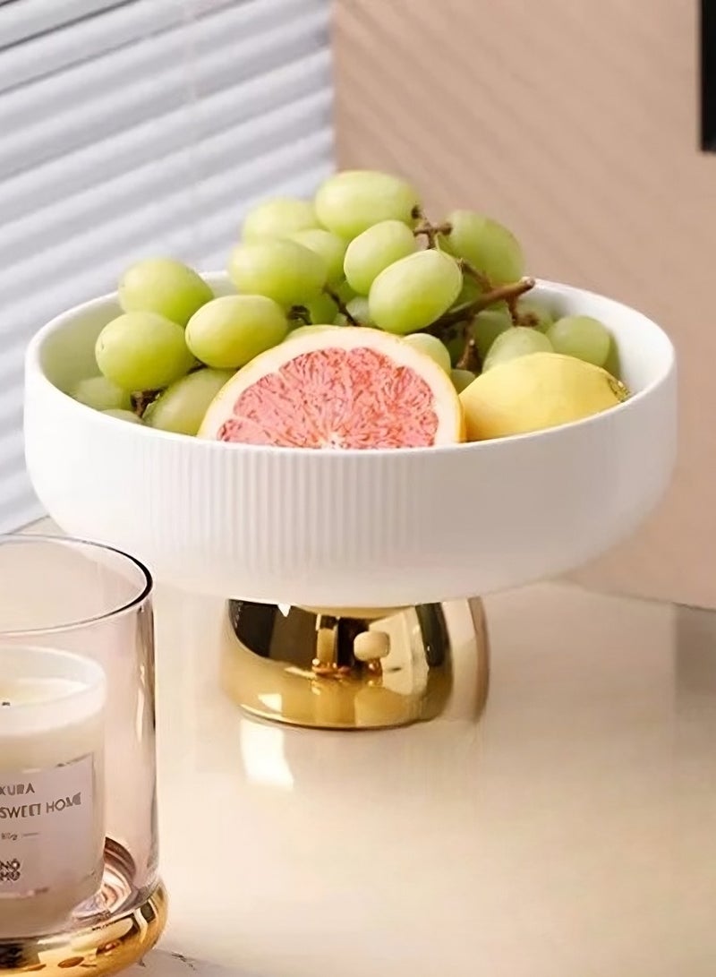 Gold-Plated White Ceramic Pedestal Bowl Decorative Fruit Dish Holder Dessert Display Stand for Fruits, Snacks, and Nuts - 21cm/16cm