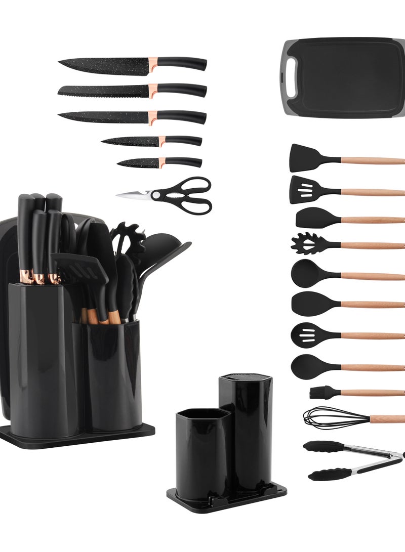 19 Pieces Cooking Utensils Set, Kitchen Knife Set, Includes Tongs, Spoon, Spatula and Turner,  Heat Resistant, Food Grade, Silicone and Wooden Handles, Non Stick Kitchen Knife Sets and Cutlery