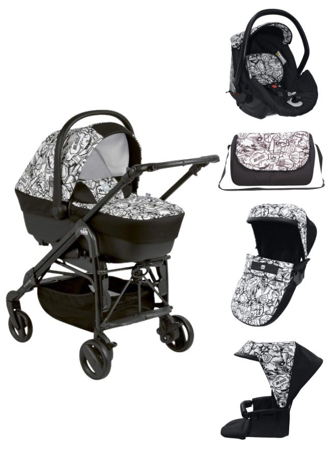 Combi Tris Baby Travel System - Printed White, High Quality Travel System Made In Italy, From 0 To 4 Years Old, 22 Kg, Aluminum Frame, 5-Point Safety Harness, Compact Folding Like An Umbrella
