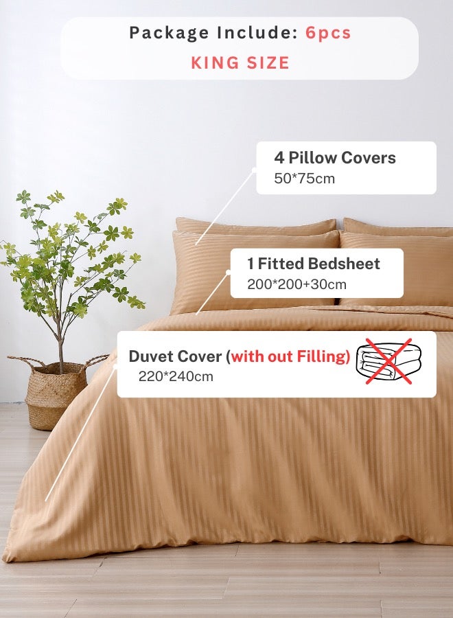 Premium king size 6-piece bedding set without filling.  Gold color, satin striped design.
