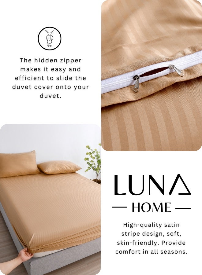 Premium king size 6-piece bedding set without filling.  Gold color, satin striped design.