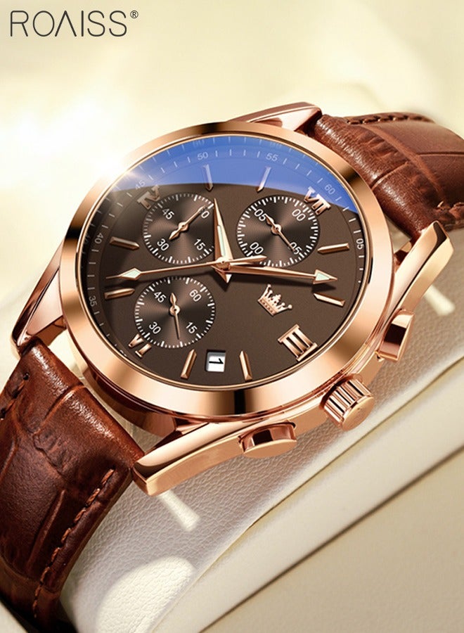 Men's Leather Strap Chronograph Quartz Watch Round Brown Dial with Rose Gold Bezel Waterproof Luminous Wristwatch as Gift for Men