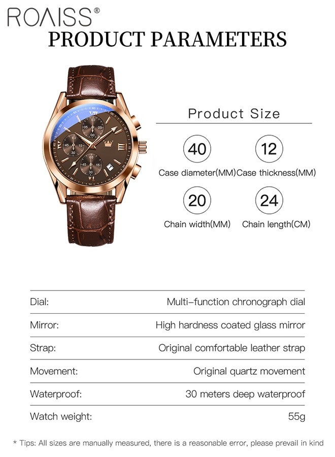 Men's Leather Strap Chronograph Quartz Watch Round Brown Dial with Rose Gold Bezel Waterproof Luminous Wristwatch as Gift for Men