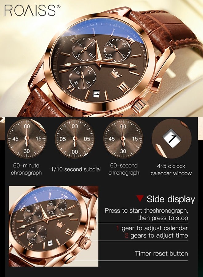 Men's Leather Strap Chronograph Quartz Watch Round Brown Dial with Rose Gold Bezel Waterproof Luminous Wristwatch as Gift for Men