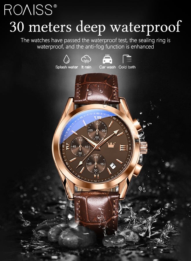 Men's Leather Strap Chronograph Quartz Watch Round Brown Dial with Rose Gold Bezel Waterproof Luminous Wristwatch as Gift for Men