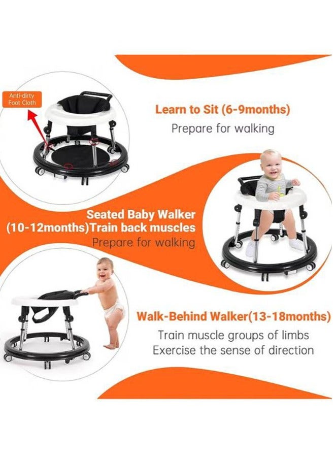 Arabest Baby Walker on Wheels, Activity Center Anti-Rollover with Quiet Wheels, 5 Positions Height Adjustable Foldable Baby Walker, Boys and Girls 6-18 Months, with Footrest, Black