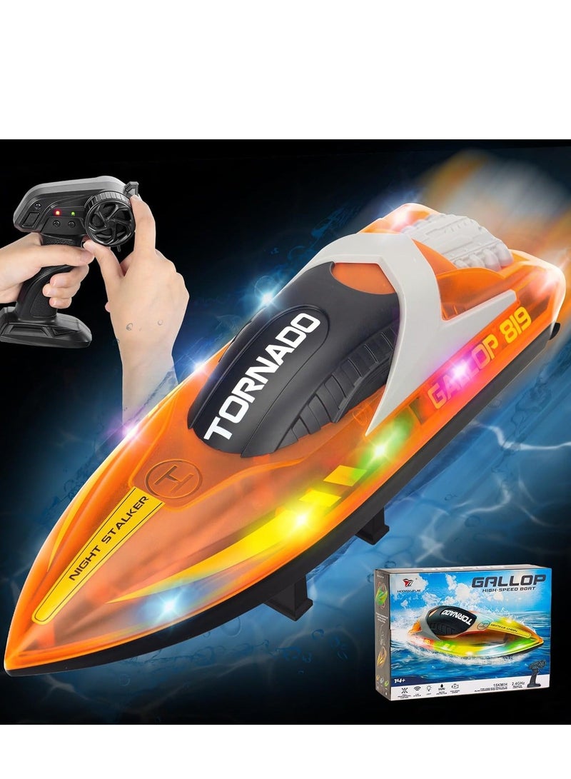 HJ819 RC Boat for Kids 8-16, 15+ MPH Fast Remote Control Boat with LED Lights, 2.4G RC Electric Boats Pool and