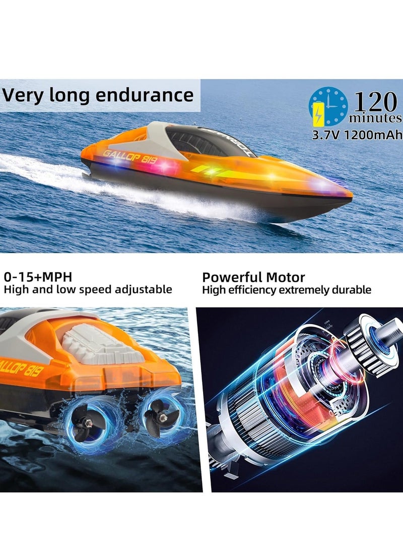 HJ819 RC Boat for Kids 8-16, 15+ MPH Fast Remote Control Boat with LED Lights, 2.4G RC Electric Boats Pool and