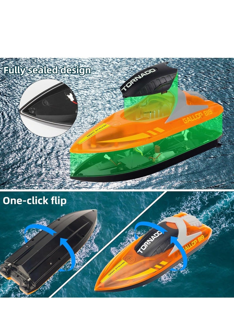 HJ819 RC Boat for Kids 8-16, 15+ MPH Fast Remote Control Boat with LED Lights, 2.4G RC Electric Boats Pool and