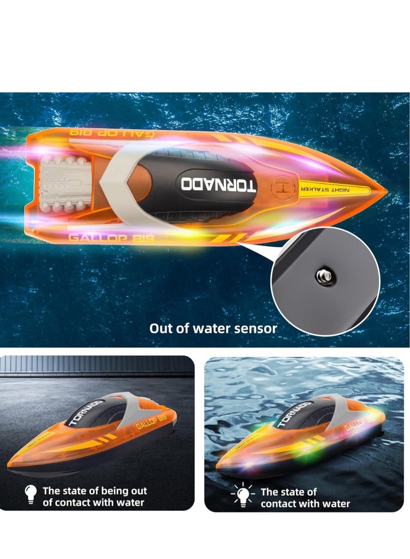 HJ819 RC Boat for Kids 8-16, 15+ MPH Fast Remote Control Boat with LED Lights, 2.4G RC Electric Boats Pool and