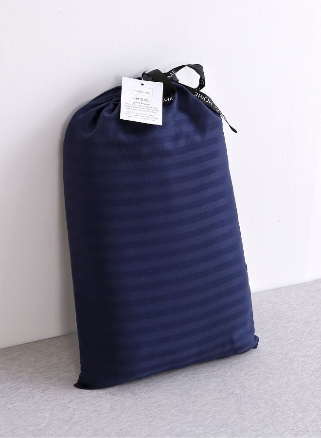 Luxury King Size 6Piece Bedding Set Without Filling Dark Blue  Satin Striped Design