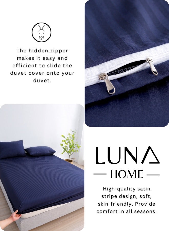 Luxury King Size 6Piece Bedding Set Without Filling Dark Blue  Satin Striped Design