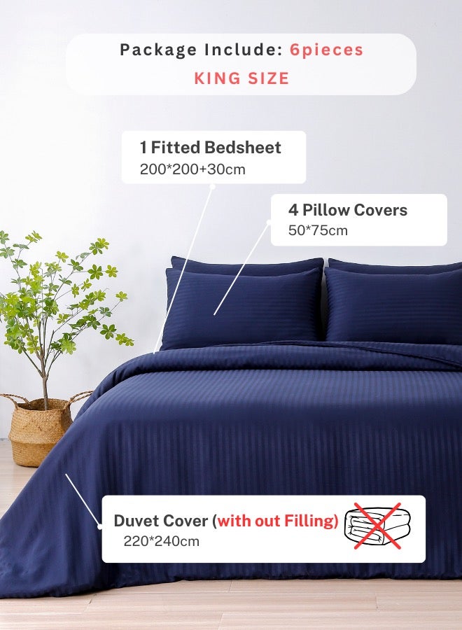 Luxury King Size 6Piece Bedding Set Without Filling Dark Blue  Satin Striped Design
