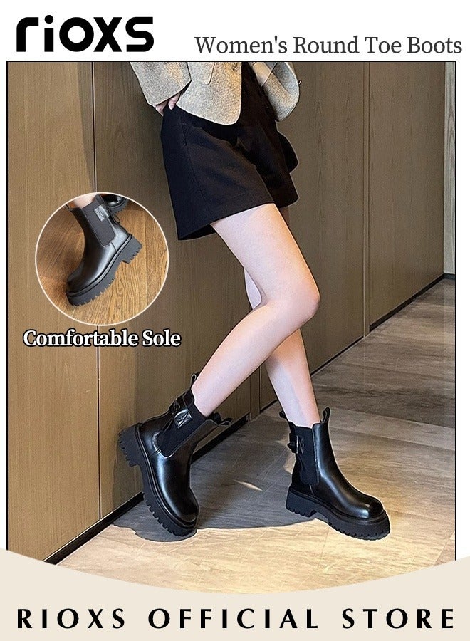 Women's Chelsea Boots Autumn Fashion Chunky Leather Boots Simple Pull-On Lug Ankle Boots with Comfortable and Elastic Sole