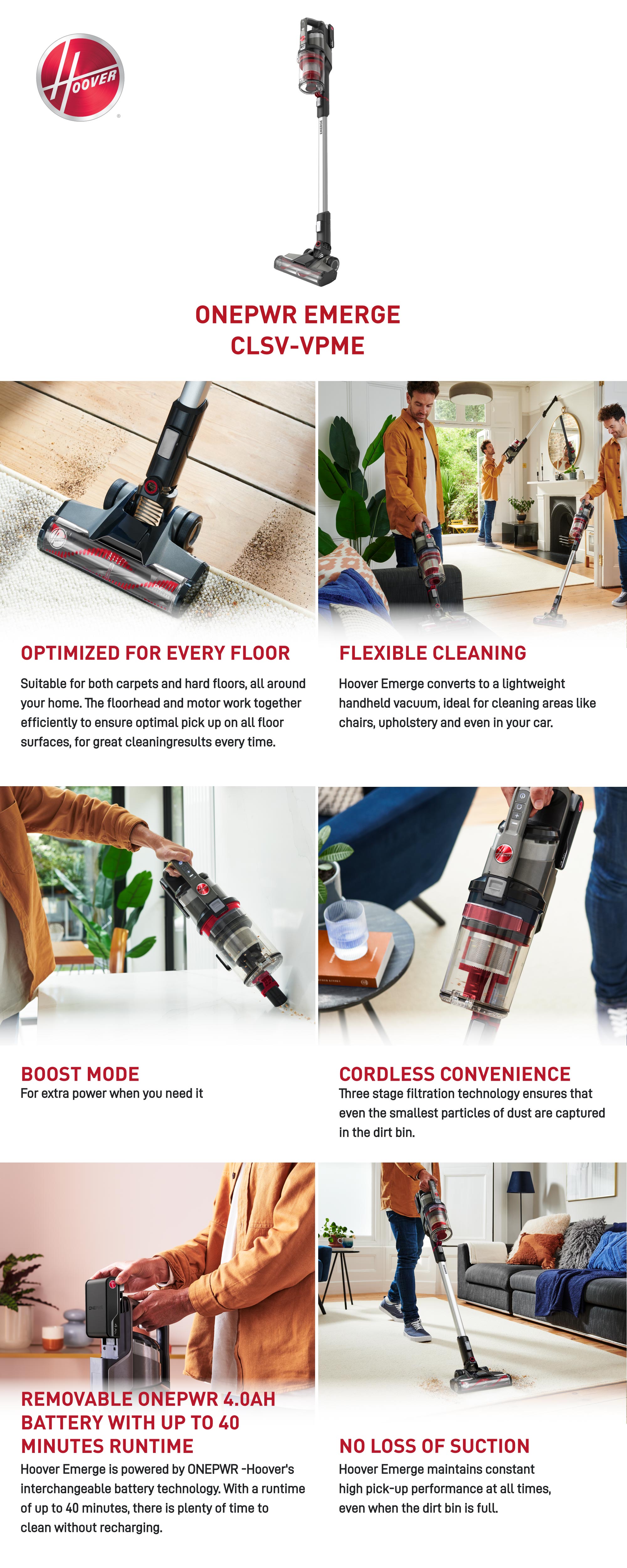 ONEPWR Emerge Cordless Stick Vacuum Cleaner, Lightweight And Versatile, Long Lasting Battery, Cord-Free, Boost Mode, Up To 40 Minutes Runtime, Optimized For Every Floor - 0.6 L 265 W CLSV-VPME Silver