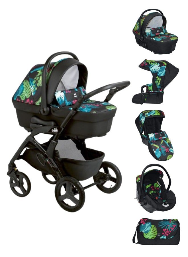 Mod. Smart And Telaio Dinamico Up - Black Leaves - From 0 To 4 Years Old (22 Kg.),  Spacious And Deeper Carrycot, Rocking Function, Aluminium Frame, Portable And Compact Folding, Made In Italy