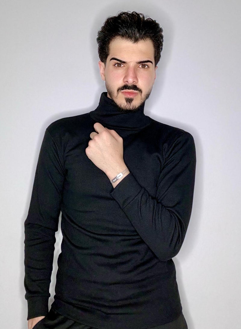 Men Fashion Solid Colour Long Sleeve Turtleneck Sweater Slim Fit Knitted Pullover Black