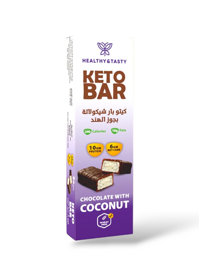 Healthy & Tasty 12 pieces KETO Bar Chocolate with COCONUT 60GM Food Supplement | No Added Sugar, Wheat Free | 10g Protein 240 KCal 16g Fats 6g Net Carb