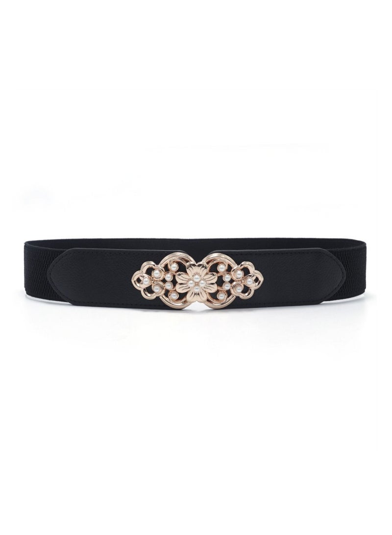 Flower Elastic Decorative Belt Elastic Pearl Inlay 65cm Black