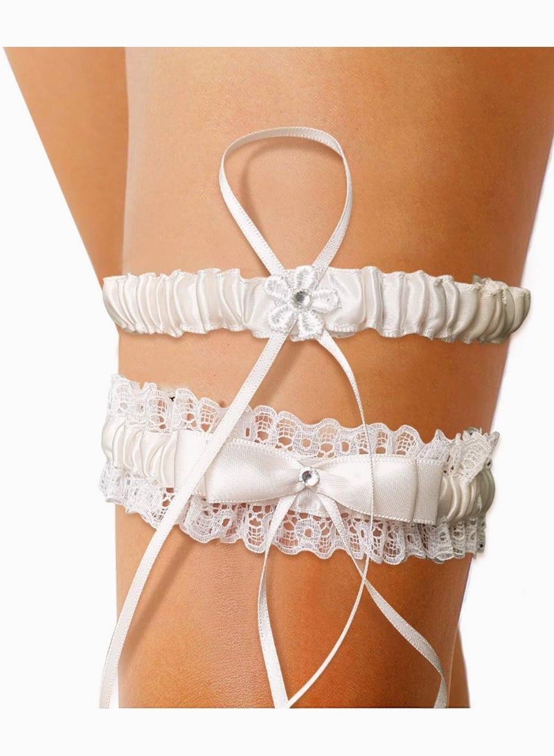 Lace Wedding Garters for Brides, SYOSI Lace Pearl Ribbon Garter with Wedding Dress Embellish, Bow Wedding Garter Bridal Leg Ring, Set of 2 with Satin Bow, Ivory White