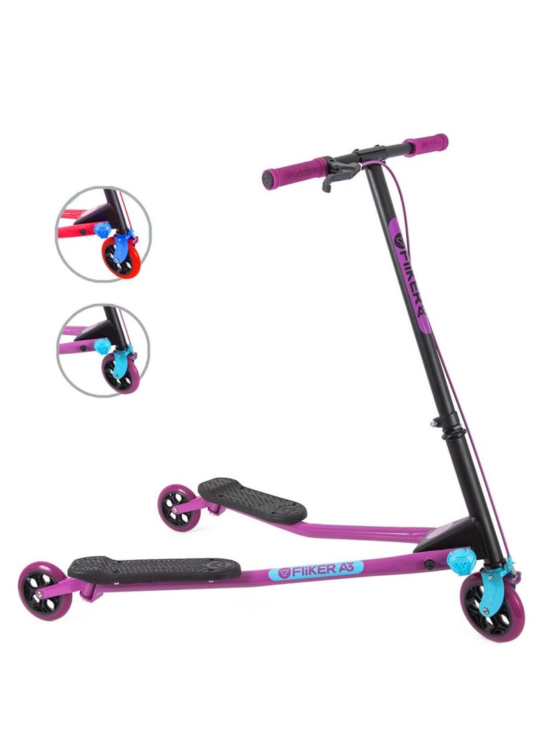 Y Fliker Air A3 Scooter 3 Wheels Foldale Wiggle Scooter Self-Propelling Drifting Scooter For Boys And Girls Age 7+ years old (Purple), Medium