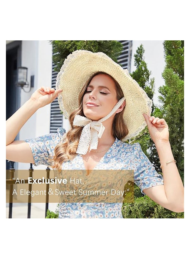 Women's Spring Summer Straw Hat with lace Trim, Straw Sun Hat, Woven Wide Brim Hat Foldable Roll Up Floppy Beach Hats, Wide Brim Floppy Sun Hats for Women UV Protection