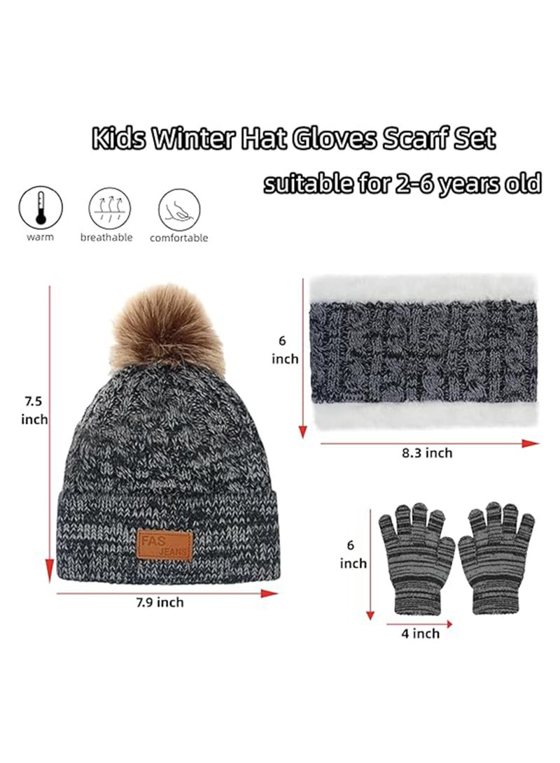 Kids Winter Beanie Hat Scarf Gloves Set for 2-6 Years Old, Toddler Winter Knit Hat Gloves Neck Warmer with Fleece Lined, Grey