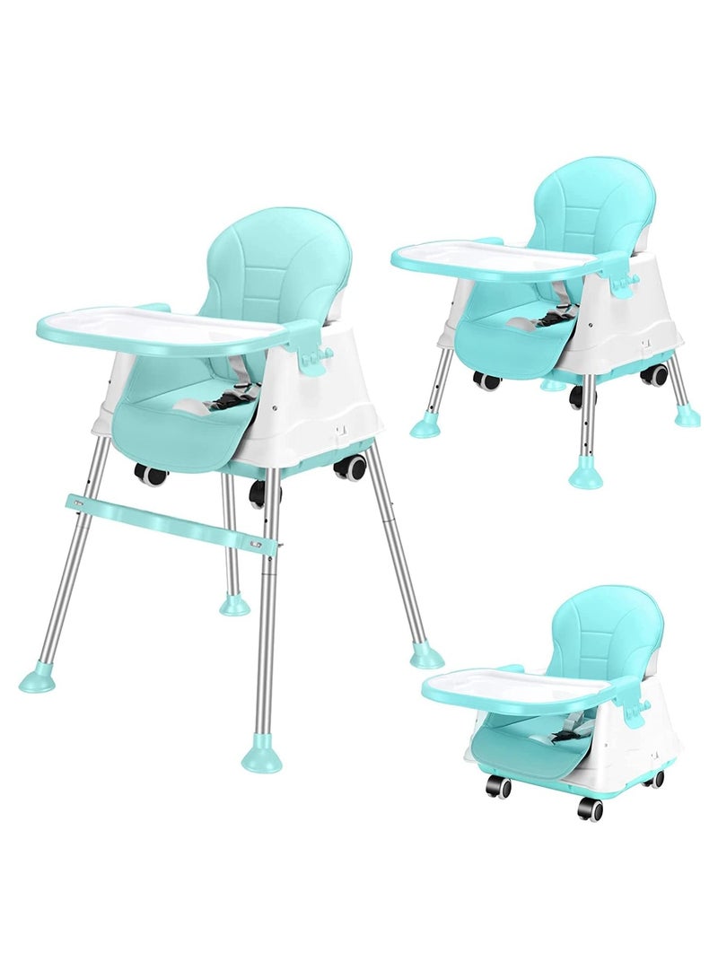 3 in 1 Convertible High Chair for Kids with Adjustable Height and Footrest, Baby Toddler Feeding Booster Seat with Tray, Wheels, Safety Belt
