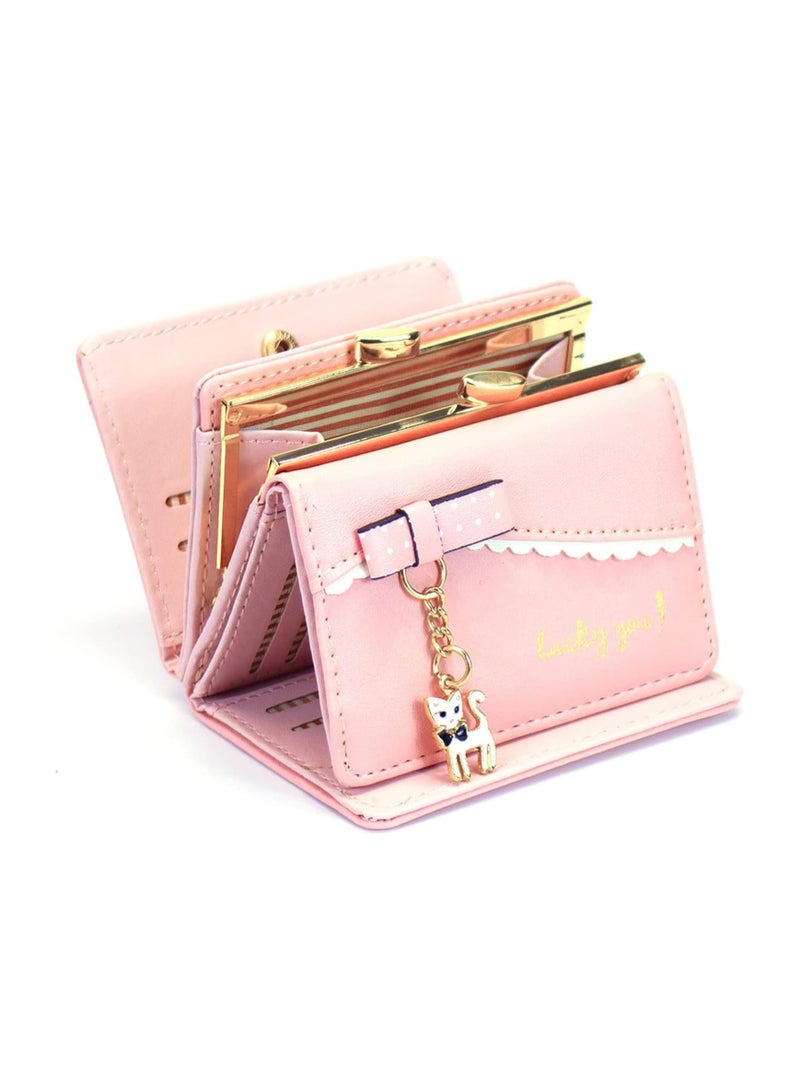 Wallet Card Holder, Small Wallet for Women Lovely Cat Pendant Card Holder Organizer Girls Front Pocket Coin Purse Leather (Pink)