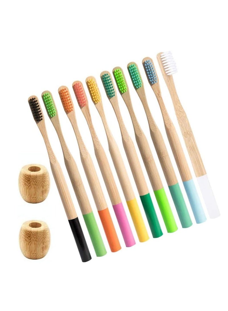 10pcs Bamboo Toothbrushes Set Natural Wood with 2pcs Toothbrush Holder Stand Soft Biodegradable Brushes for Home
