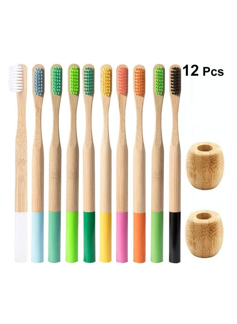 10pcs Bamboo Toothbrushes Set Natural Wood with 2pcs Toothbrush Holder Stand Soft Biodegradable Brushes for Home