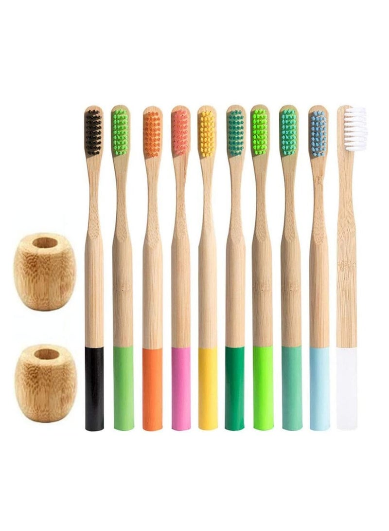 10pcs Bamboo Toothbrushes Set Natural Wood with 2pcs Toothbrush Holder Stand Soft Biodegradable Brushes for Home