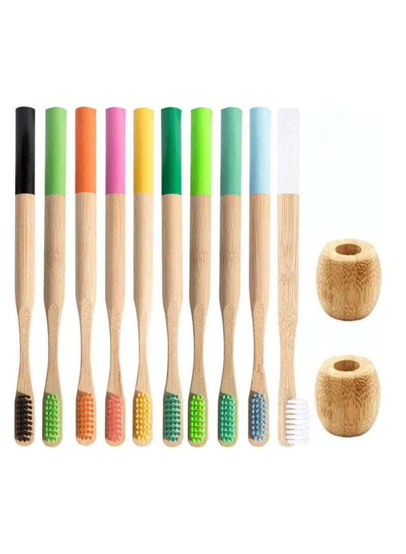 10pcs Bamboo Toothbrushes Set Natural Wood with 2pcs Toothbrush Holder Stand Soft Biodegradable Brushes for Home