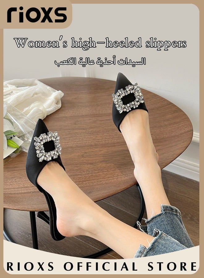 Women's Closed Pointed Toe Slip-On Backless Rhinestones Sandals Stiletto Slides Shoes For Work And Party