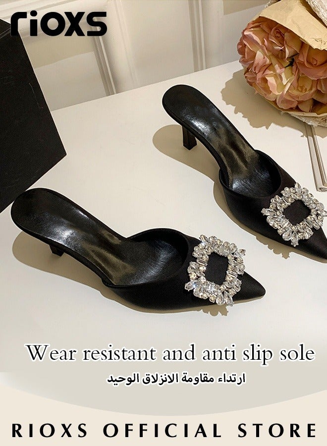 Women's Closed Pointed Toe Slip-On Backless Rhinestones Sandals Stiletto Slides Shoes For Work And Party