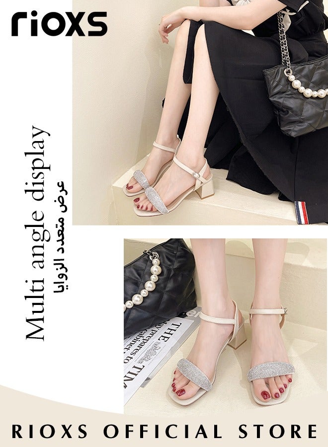 Women's High Heel Sandals Ankle Strap Square Open Toe Ankle Strap Chunky Heels Shoes