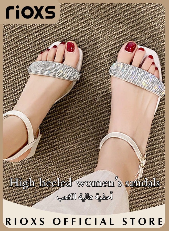 Women's High Heel Sandals Ankle Strap Square Open Toe Ankle Strap Chunky Heels Shoes